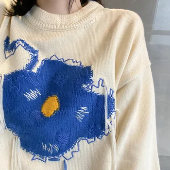 Ader Klaida Rudens/žiemos korėjiečių Leidimas, Vyrų Ir Moterų Megztinis Mėlyna Doodle Gėlių Mėgėjai Laisvas Megztinis