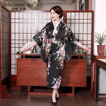 Spausdinti Kimono Moterų Yukata Suknelė Pižama Haori Japonijos Tradicinių Kimono Cosplay Kostiumas Gėlių Ilgai Stiliaus Japonų Satin Nuotrauka 2