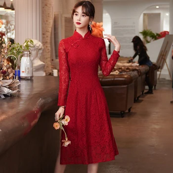 Tradicinis kinų Qipao Suknelė Moterims Drabužių Naujo Derliaus ilgomis Rankovėmis Raudona Cheongsam CNY
