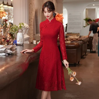 Tradicinis kinų Qipao Suknelė Moterims Drabužių Naujo Derliaus ilgomis Rankovėmis Raudona Cheongsam CNY Nuotrauka 2