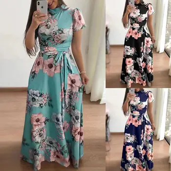 Moterų Summer Maxi Dress 2022 Atsitiktinis Trumpas Rankovės Boho Gėlių Spausdinti Ilga Suknelė Golfo Tvarstis Elegantiškas Šalis Suknelės Vestidos