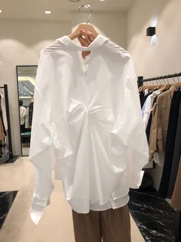 Baltoji moteris palaidinės pavasarį ir rudenį naujo stiliaus mados atgal pradurtas oro kokybės ilgomis rankovėmis marškinėliai moteriška elegantiška palaidinė