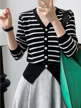 Korėjos Stiliaus Dryžuotas V-kaklo Mygtuką Džemperis Moterims ilgomis Rankovėmis Megzti Plonas Megztinis Femme Atsitiktinis Viršūnes Ponios Rudenį Streetwear Nuotrauka 2