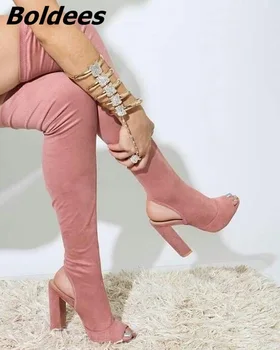 Stilingas Slingback Block Kulniukai Aukštakulniais Avalynė Bateliai Tiesiog Paprastas Pink Atidaryti Tne Stambusis Kulno Nėriniai-Up Batai FashionSummerSandal