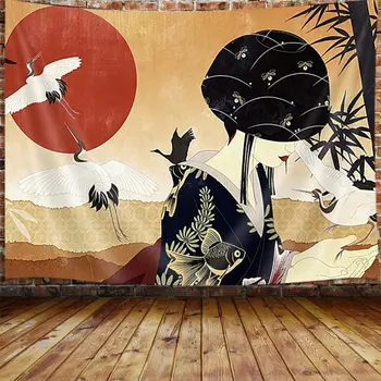 Japonų Geiša Anime Didelis Gobeleno Azijos Moterų Dekoro Raudona Saulė Bambuko Sienos Kabo