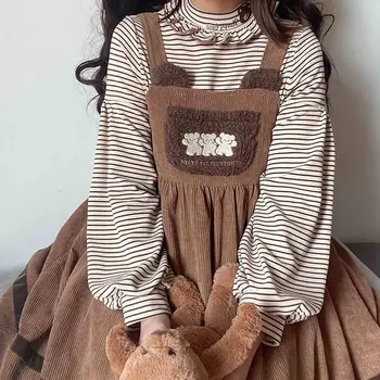 Coolfel Japonijos Kawaii Moterų Lolita Dress Žiemos Mielas Lokys Siuvinėjimo Dirželis Mini Suknelė Mergaitėms, Derliaus Šalis Suknelė Minkštas Mergina Nuotrauka 2