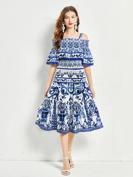 Vasaros Vestidos Mados kilimo ir tūpimo Tako moterų Suknelė Spageti Dirželis Mėlynos ir Baltos frock Porceliano Spausdinimo Atostogų 