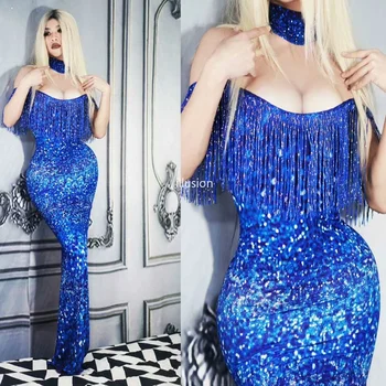 Mėlynos spalvos Šviečiantis Kutas 3D Spausdinimo Off Peties Ilga Suknelė Moterims Dainininkė, Šokių Aprangą Etape Dėvėti Klubo Paroda Vakarą Birthday Party Dress