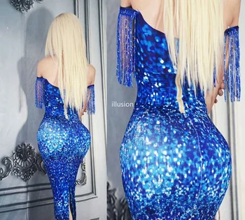 Mėlynos spalvos Šviečiantis Kutas 3D Spausdinimo Off Peties Ilga Suknelė Moterims Dainininkė, Šokių Aprangą Etape Dėvėti Klubo Paroda Vakarą Birthday Party Dress Nuotrauka 2