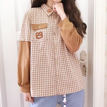 Japonijos Lolita Minkštas Mergina Viršų Koledžas Stiliaus Studentų Mielas Lokys Siuvinėjimo Pledas Prarasti ilgomis rankovėmis Marškinėliai Palaidinė Cosplay Loli