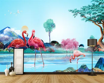 Beibehang Šiuolaikinio Meno Freskos Užsakymą Tapetai 3D Džiunglės Akvarelė Flamingo Tapetai, Sienos Dekoratyvinis Dažymas papel de parede