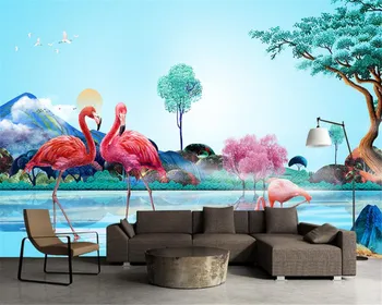 Beibehang Šiuolaikinio Meno Freskos Užsakymą Tapetai 3D Džiunglės Akvarelė Flamingo Tapetai, Sienos Dekoratyvinis Dažymas papel de parede Nuotrauka 2