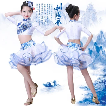 Merginos lotynų šokių suknelė Vaikai Blizgučiais Šiuolaikinių Sportinių Šokių drabužiai, Komplektai, Vaikų Džiazo Grupė Etape dėvėti Kinijos Liaudies Šokis