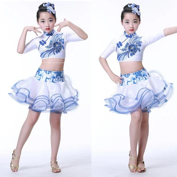 Merginos lotynų šokių suknelė Vaikai Blizgučiais Šiuolaikinių Sportinių Šokių drabužiai, Komplektai, Vaikų Džiazo Grupė Etape dėvėti Kinijos Liaudies Šokis Nuotrauka 2