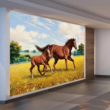Custom Foto Tapetai, 3D Stereo Rudens peizažas arklį ūkinių gyvūnų rudas arklys Kambarį Tapetai, 3D Tapyba