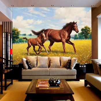 Custom Foto Tapetai, 3D Stereo Rudens peizažas arklį ūkinių gyvūnų rudas arklys Kambarį Tapetai, 3D Tapyba Nuotrauka 2