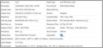 15.6 colių skystųjų KRISTALŲ Ekrano Skydelis FHD 1920x1080 141PPI EDP 30pins 220 cd/m2 (Typ.) IPS Slim Non-touch 60Hz 45% NTSC LP156WFC-SPK1 Nuotrauka 2