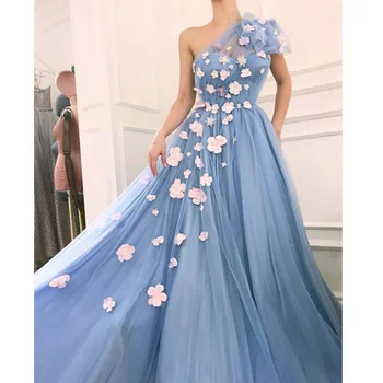Vienos Pečių Prom Dresses 2020-Line 3D Gėlių, Elegantiško, Oficialaus Vakare Gown Tiulio ypatinga Proga Vestido chalatas de soiree gala