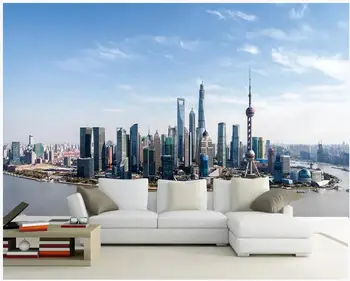 custom freskos 3d foto tapetai, Modernus minimalistinio pajūrio Šanchajus miesto aukštybinių pastatų dekoro kambaryje tapetai, sienų ir 3 d