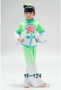 vaikų kinų klasikinio šokio kostiumai žalia rausva mergaitė nosinė yangko ventiliatorius skėtis šokio kostiumai Jiangnan lietaus arbata